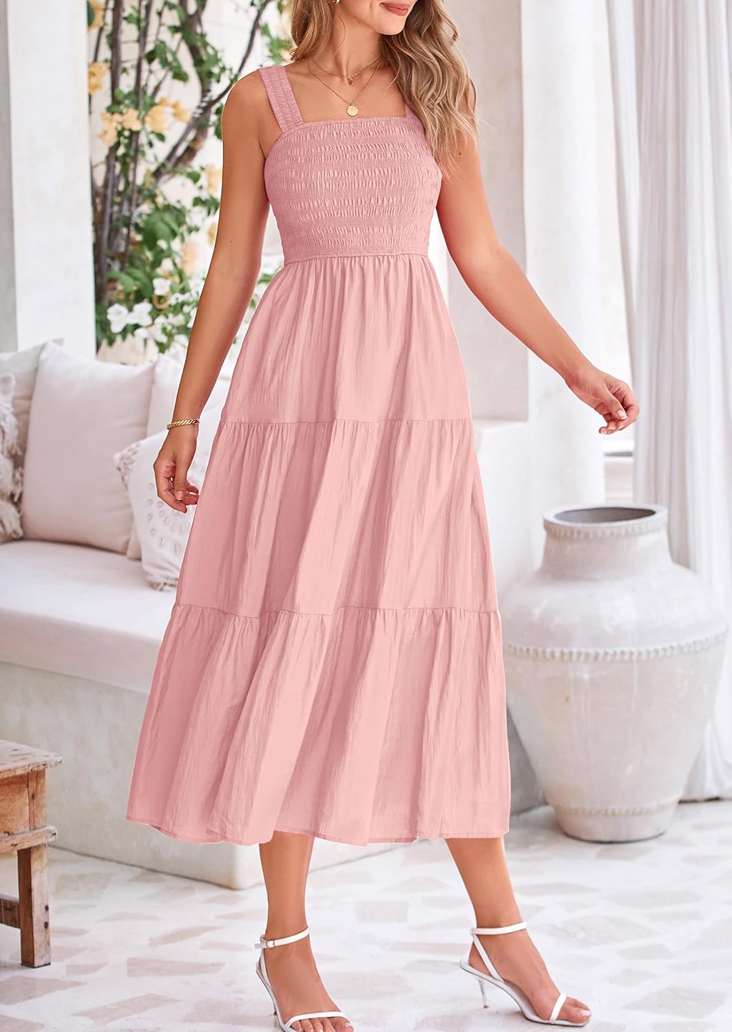 Womens Smocked Summer  Ruffle A Line Long Flowy Dresses Cute Sleeveless Beach Sundress Midi Dress