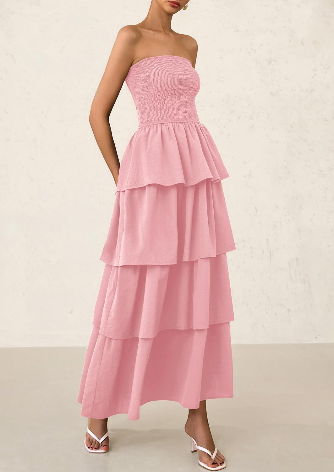 PRETTYGARDEN Maxi Dresses for Women Off Shoulder Smocked Tiered Ruffle Long Flowy Wedding Guest Dress