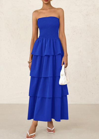 PRETTYGARDEN Maxi Dresses for Women Off Shoulder Smocked Tiered Ruffle Long Flowy Wedding Guest Dress