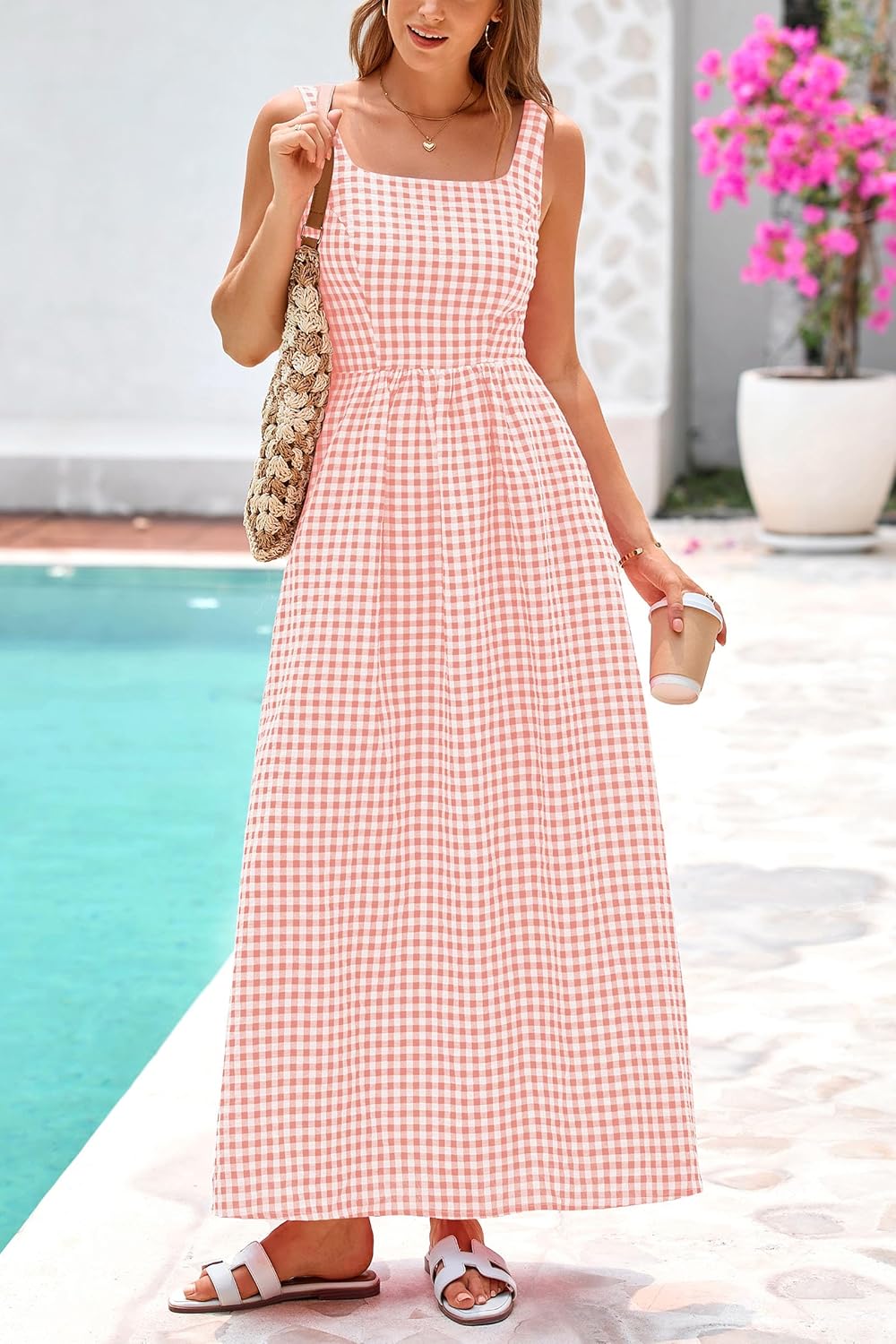 Women's Summer Spaghetti Strap Maxi Dresses Plaid Square Neck A Line Smocked Casual Vacation Long Sundress