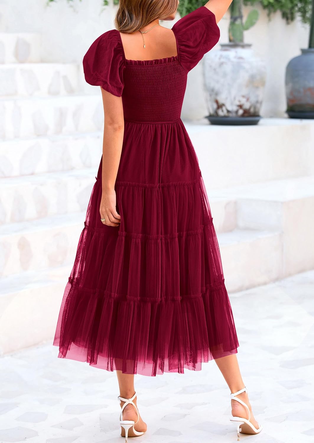 Women's Smocked Midi Tulle Dress 2025 Summer Puffy Short Sleeve Square Neck Ruffle Wedding Guest Party Dresses