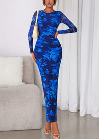 PRETTYGARDEN Women's Fall Wedding Guest Dresses Long Sleeve Fitted Ruched Slit Bodycon Mesh Floral Party Maxi Dress