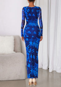 PRETTYGARDEN Women's Fall Wedding Guest Dresses Long Sleeve Fitted Ruched Slit Bodycon Mesh Floral Party Maxi Dress