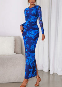 PRETTYGARDEN Women's Fall Wedding Guest Dresses Long Sleeve Fitted Ruched Slit Bodycon Mesh Floral Party Maxi Dress