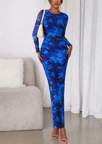 PRETTYGARDEN Women's Fall Wedding Guest Dresses Long Sleeve Fitted Ruched Slit Bodycon Mesh Floral Party Maxi Dress