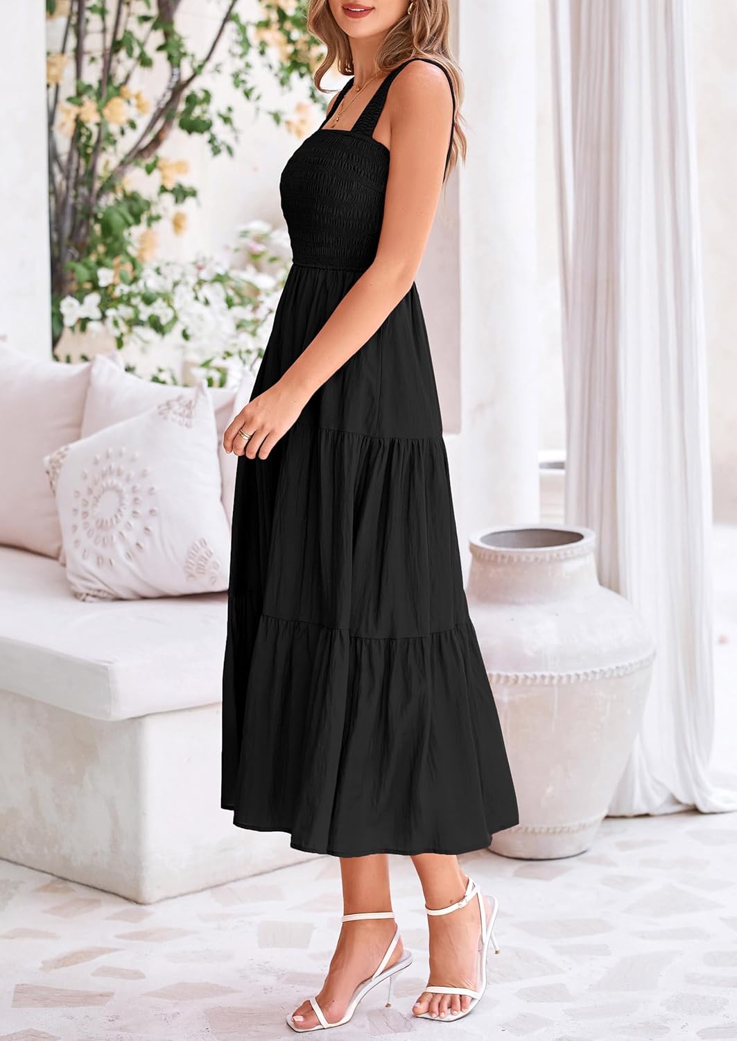 Womens Smocked Summer  Ruffle A Line Long Flowy Dresses Cute Sleeveless Beach Sundress Midi Dress