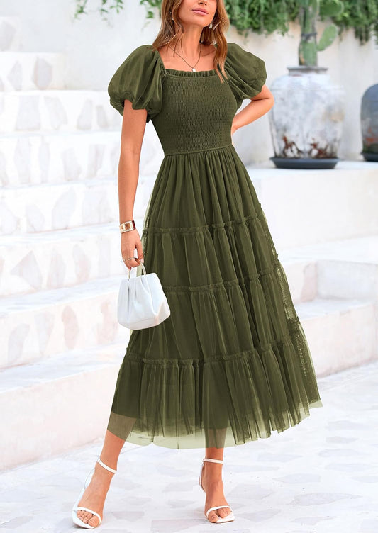 Women's Smocked Midi Tulle Dress 2025 Summer Puffy Short Sleeve Square Neck Ruffle Wedding Guest Party Dresses