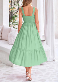 Womens Smocked Summer  Ruffle A Line Long Flowy Dresses Cute Sleeveless Beach Sundress Midi Dress