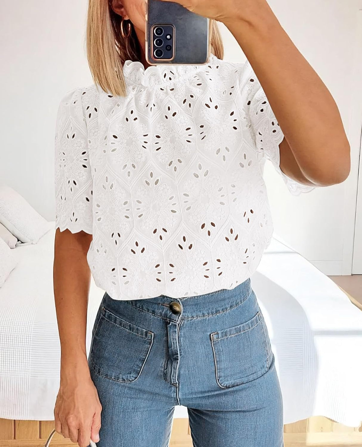 Women Trendy Short Sleeve Eyelet Embroidered Dressy Casual Blouse