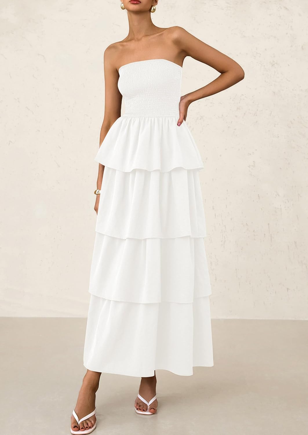 PRETTYGARDEN Maxi Dresses for Women Off Shoulder Smocked Tiered Ruffle Long Flowy Wedding Guest Dress