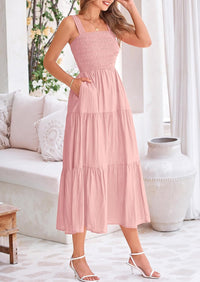 Womens Smocked Summer  Ruffle A Line Long Flowy Dresses Cute Sleeveless Beach Sundress Midi Dress