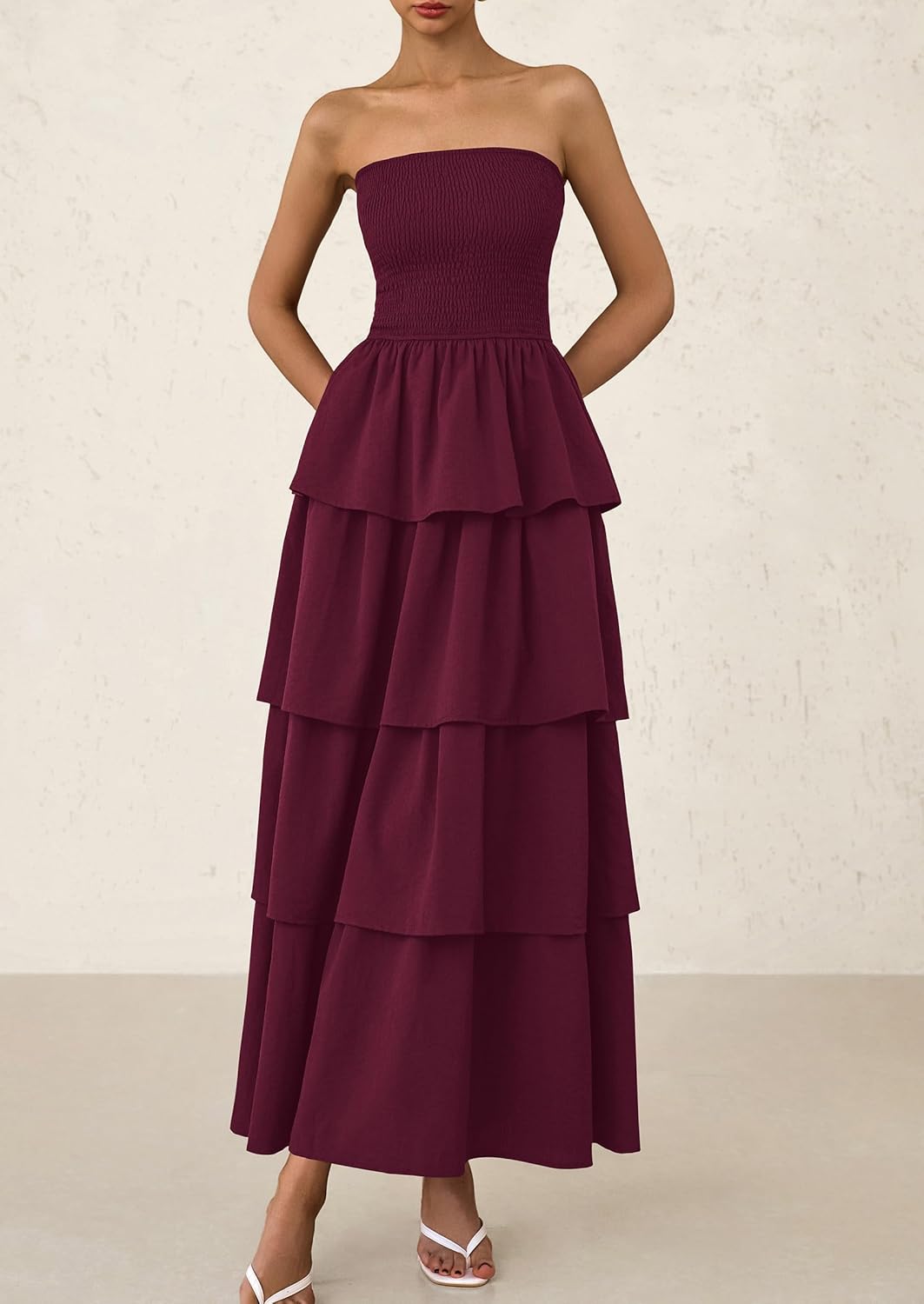 PRETTYGARDEN Maxi Dresses for Women Off Shoulder Smocked Tiered Ruffle Long Flowy Wedding Guest Dress