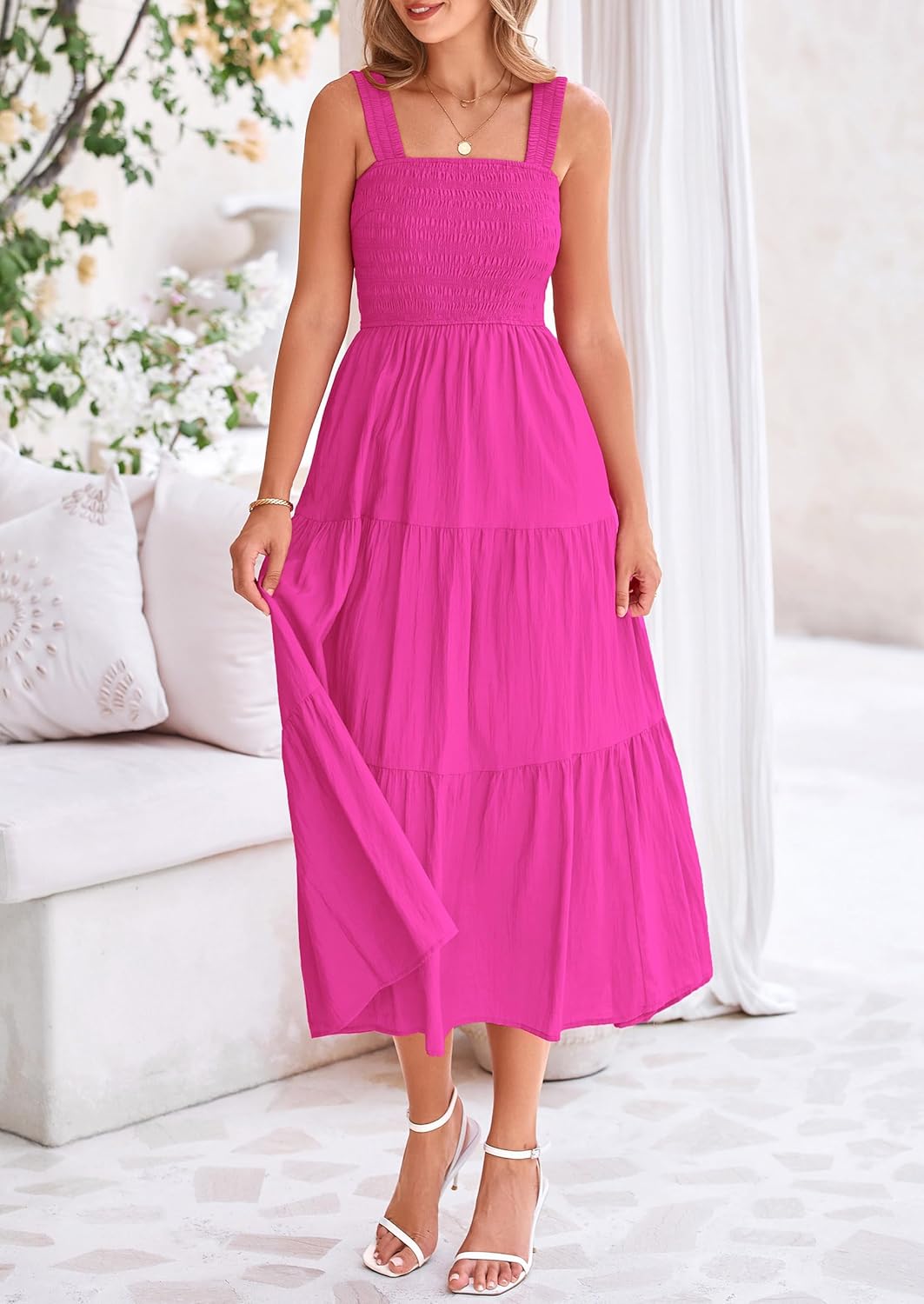 Womens Smocked Summer  Ruffle A Line Long Flowy Dresses Cute Sleeveless Beach Sundress Midi Dress