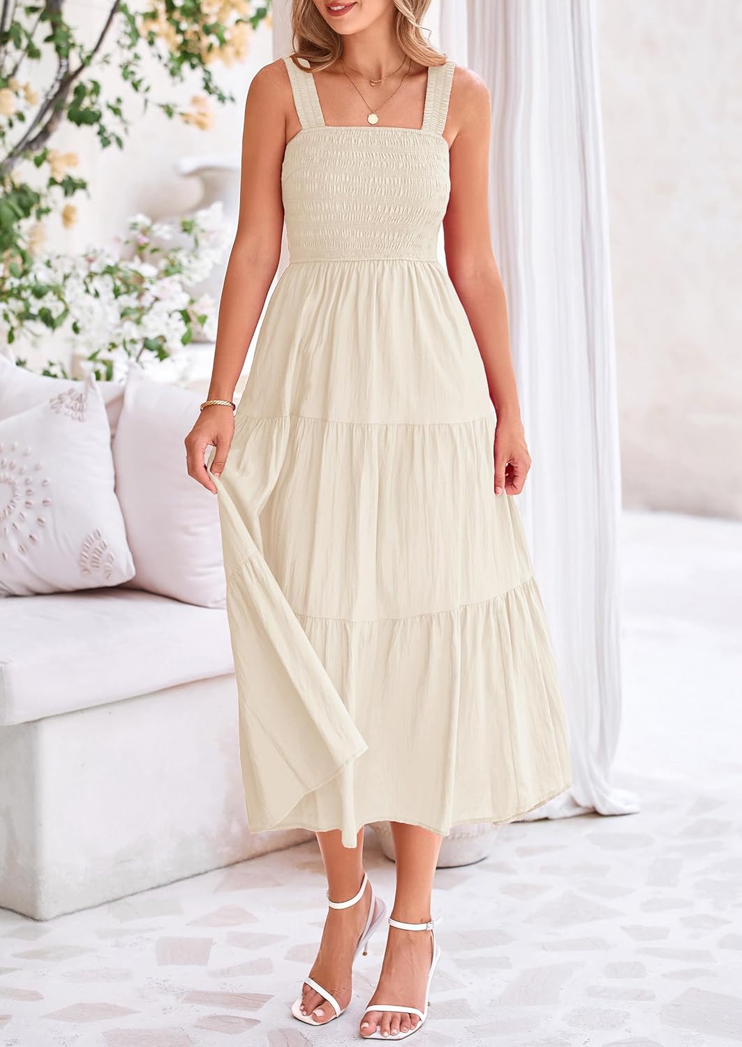 Womens Smocked Summer  Ruffle A Line Long Flowy Dresses Cute Sleeveless Beach Sundress Midi Dress