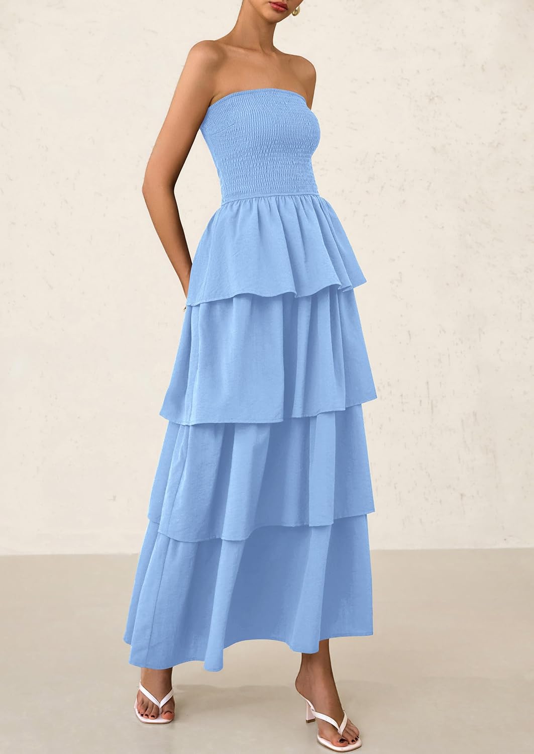 PRETTYGARDEN Maxi Dresses for Women Off Shoulder Smocked Tiered Ruffle Long Flowy Wedding Guest Dress