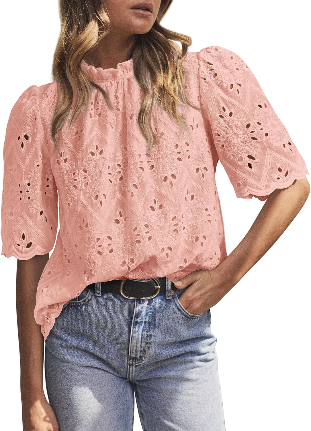 Summer Tops for Women Trendy Short Sleeve Eyelet Embroidered Dressy Casual Blouse Shirts