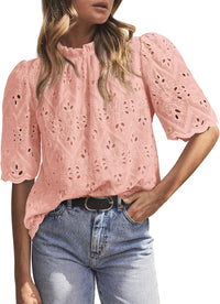 Women Trendy Short Sleeve Eyelet Embroidered Dressy Casual Blouse