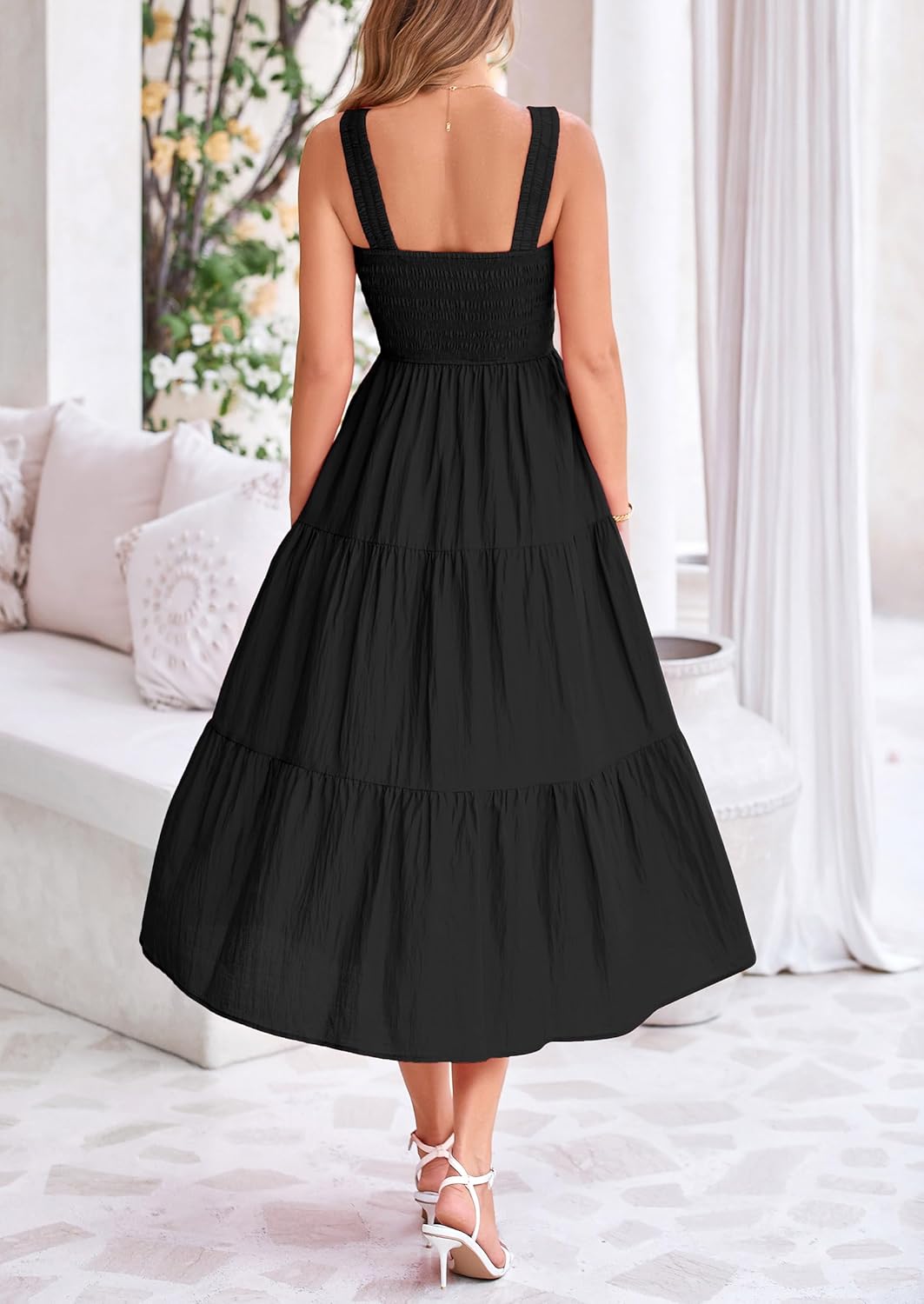 Womens Smocked Summer  Ruffle A Line Long Flowy Dresses Cute Sleeveless Beach Sundress Midi Dress