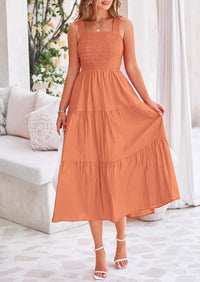 Womens Smocked Summer  Ruffle A Line Long Flowy Dresses Cute Sleeveless Beach Sundress Midi Dress