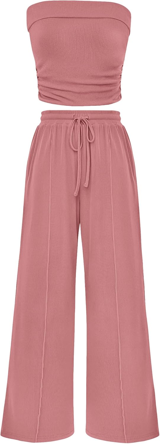 PRETTYGARDEN 2 Piece Sets Casual Ribbed Knit Crop Tube Top Wide Leg Pants Lounge Set