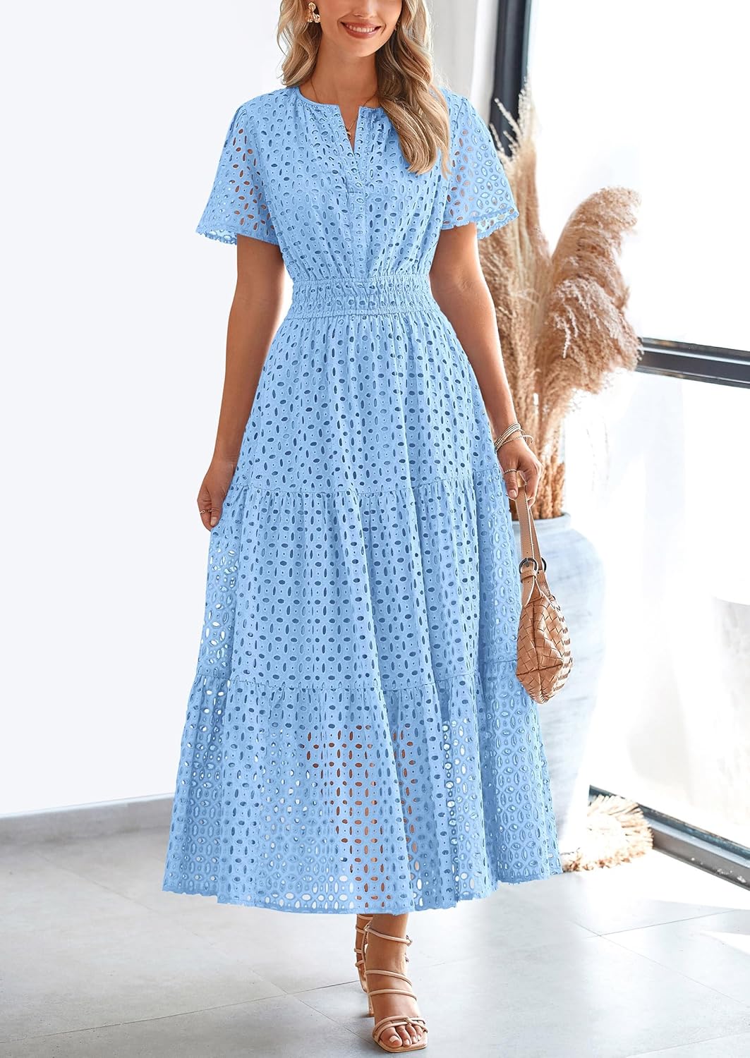 Womens 2025 Summer Maxi Dress Short Sleeve V Neck Hollow Out Eyelet A Line Long Flowy Beach Vacation Dresses