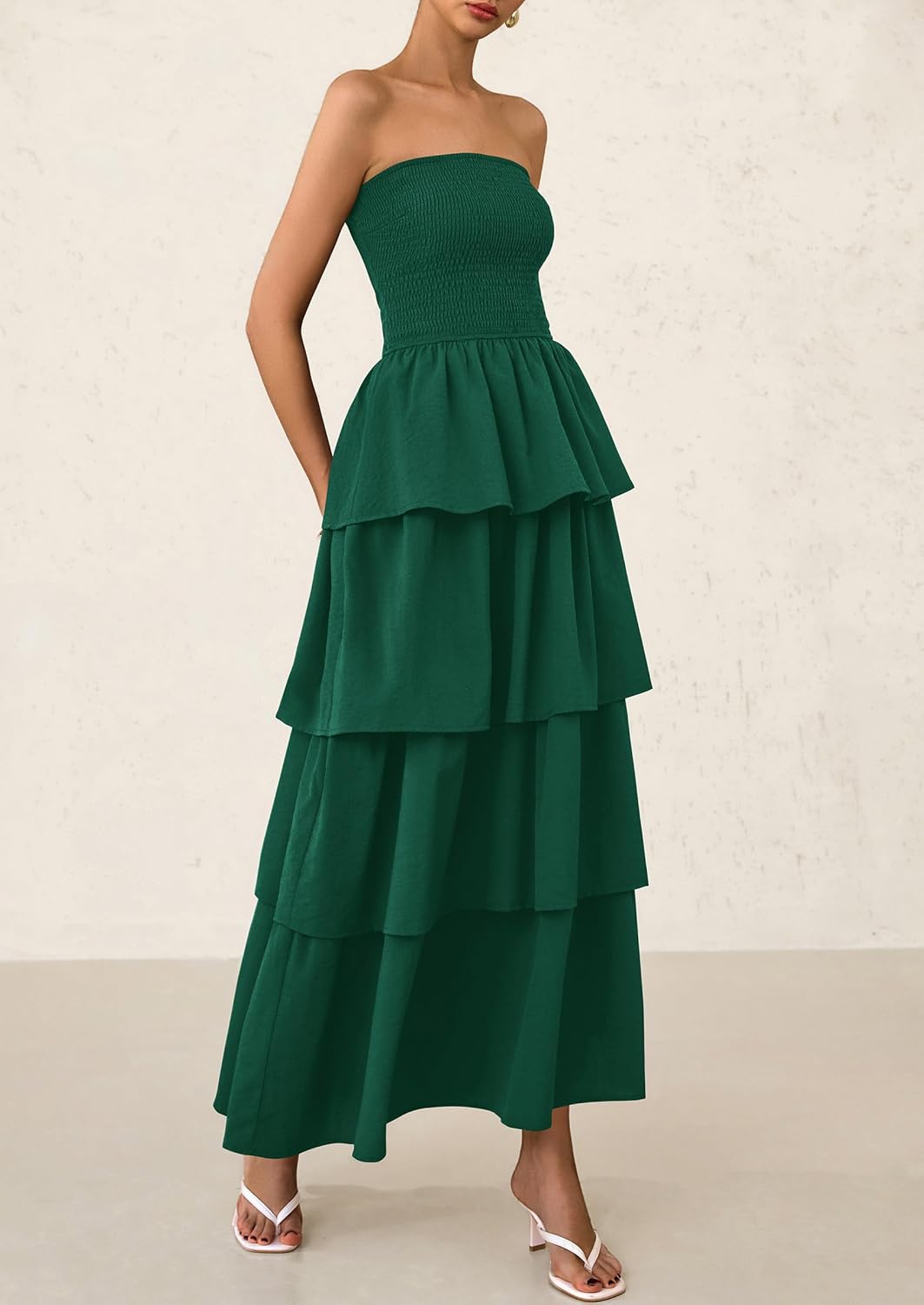 PRETTYGARDEN Maxi Dresses for Women Off Shoulder Smocked Tiered Ruffle Long Flowy Wedding Guest Dress