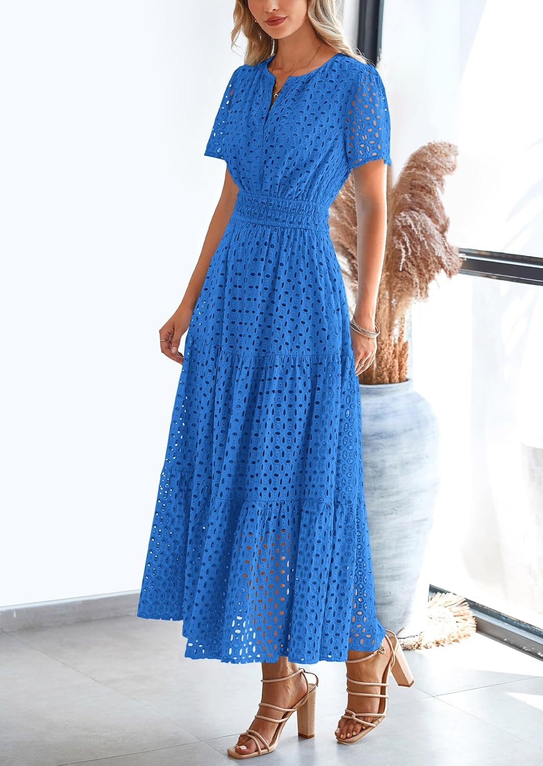 Womens 2025 Summer Maxi Dress Short Sleeve V Neck Hollow Out Eyelet A Line Long Flowy Beach Vacation Dresses