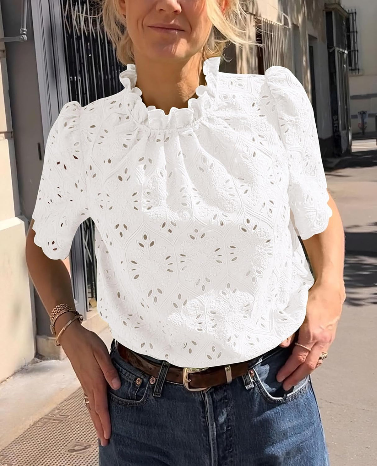 Women Trendy Short Sleeve Eyelet Embroidered Dressy Casual Blouse