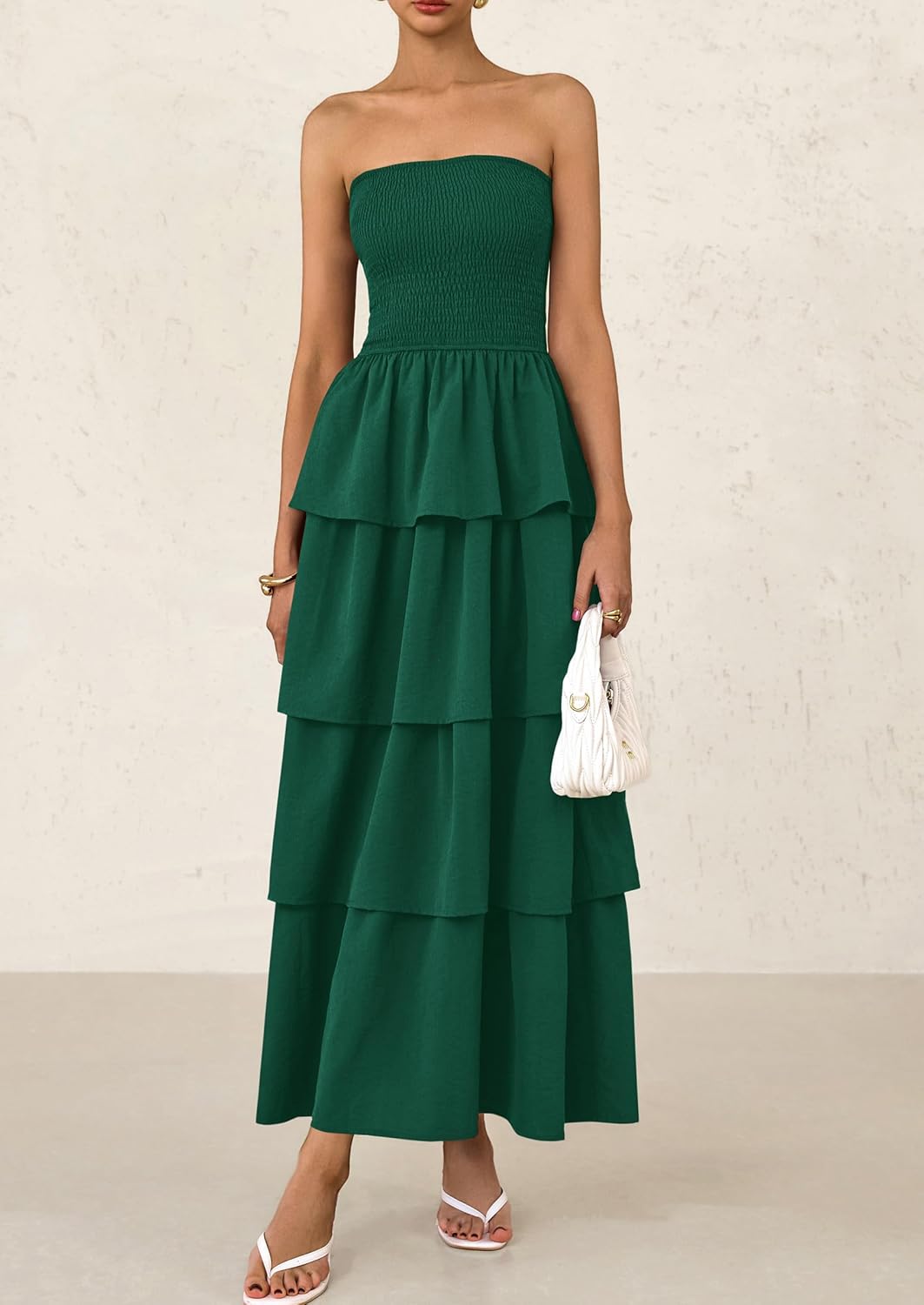 PRETTYGARDEN Maxi Dresses for Women Off Shoulder Smocked Tiered Ruffle Long Flowy Wedding Guest Dress