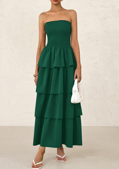 PRETTYGARDEN Maxi Dresses for Women Off Shoulder Smocked Tiered Ruffle Long Flowy Wedding Guest Dress