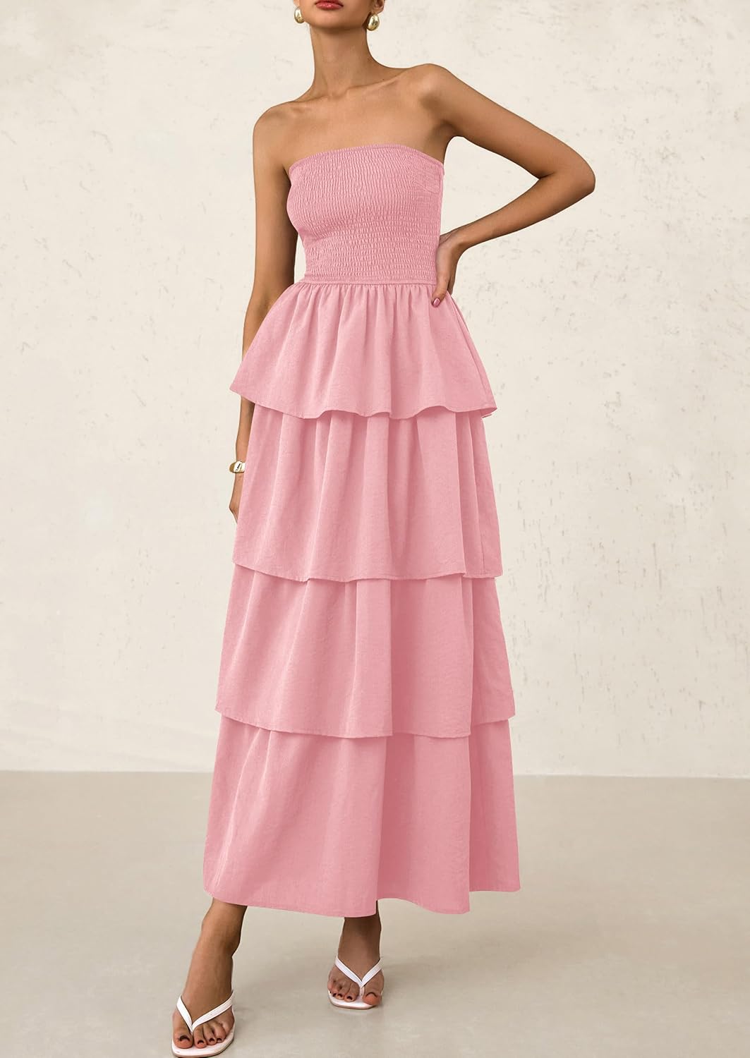 PRETTYGARDEN Maxi Dresses for Women Off Shoulder Smocked Tiered Ruffle Long Flowy Wedding Guest Dress