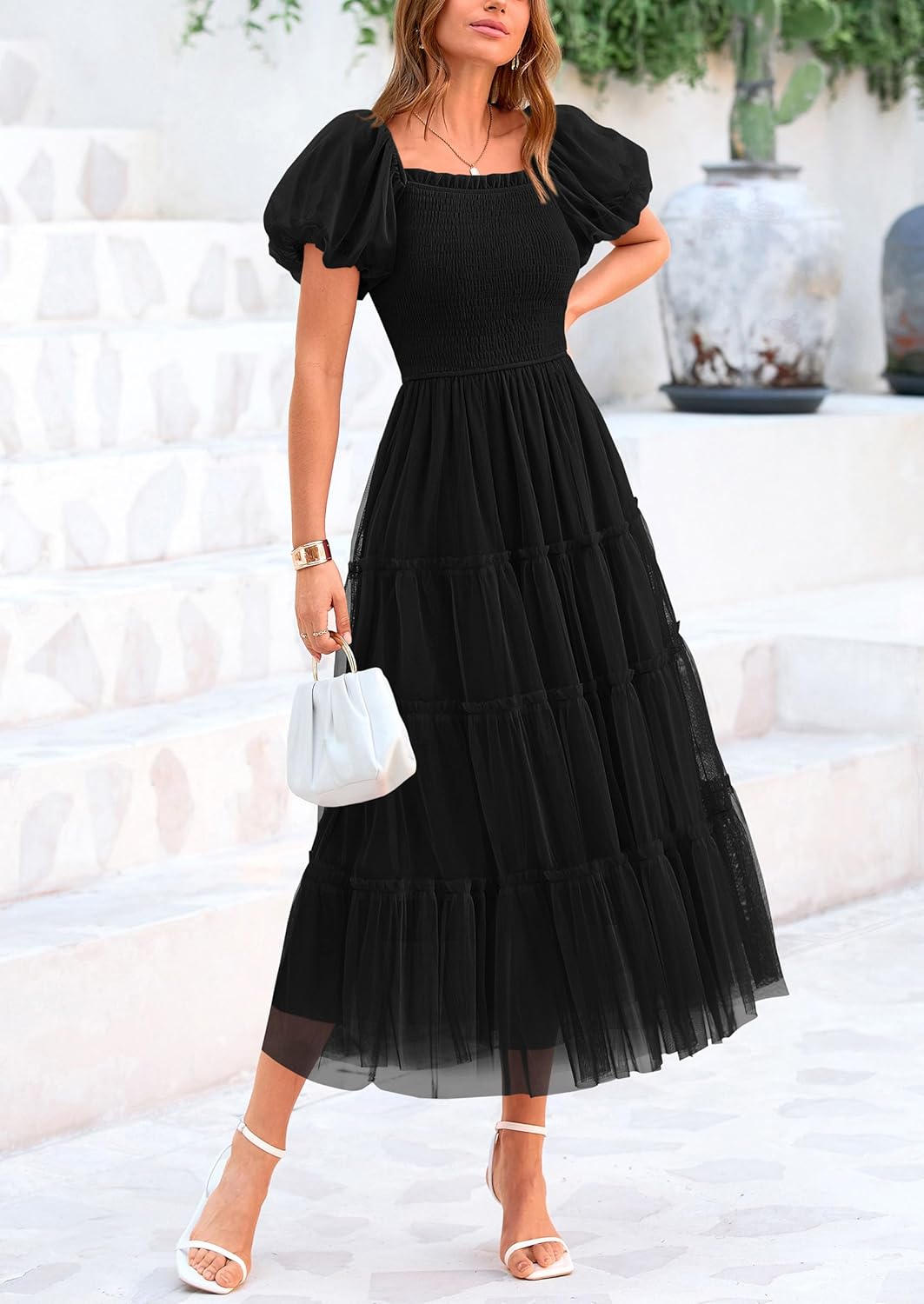 Women's Smocked Midi Tulle Dress 2025 Summer Puffy Short Sleeve Square Neck Ruffle Wedding Guest Party Dresses