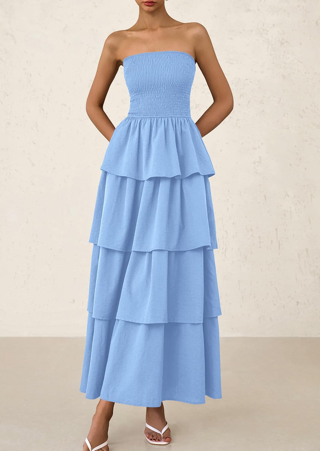 PRETTYGARDEN Maxi Dresses for Women Off Shoulder Smocked Tiered Ruffle Long Flowy Wedding Guest Dress