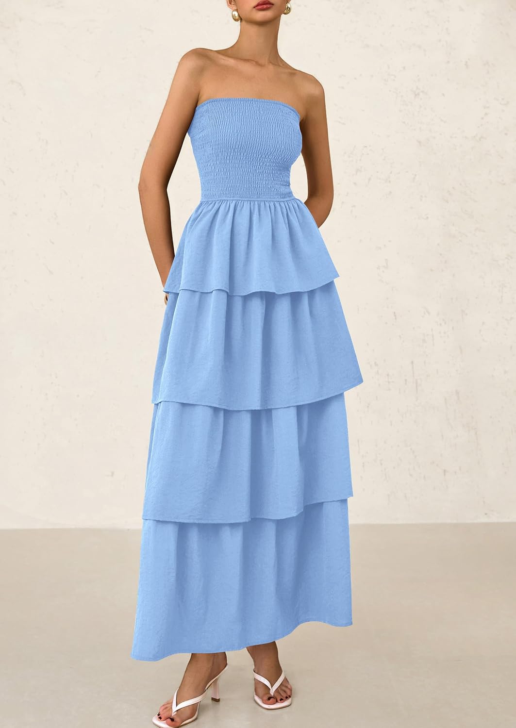 PRETTYGARDEN Maxi Dresses for Women Off Shoulder Smocked Tiered Ruffle Long Flowy Wedding Guest Dress