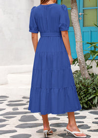 PRETTYGARDEN Women's Midi Dress Casual Short Sleeve V Neck Buttons Belted Ruffle A Line Flowy Dress with Pockets