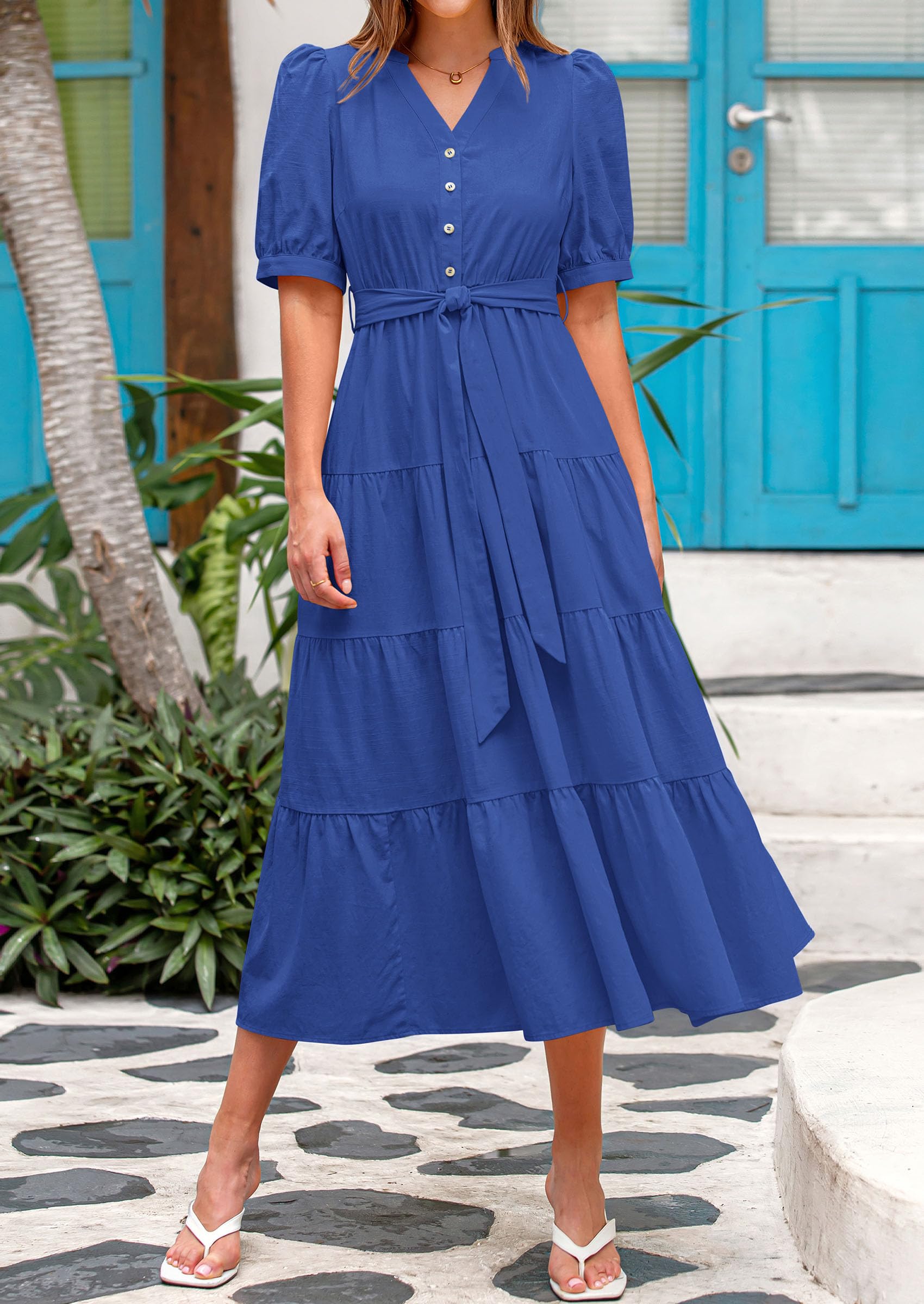 PRETTYGARDEN Women's Midi Dress Casual Short Sleeve V Neck Buttons Belted Ruffle A Line Flowy Dress with Pockets