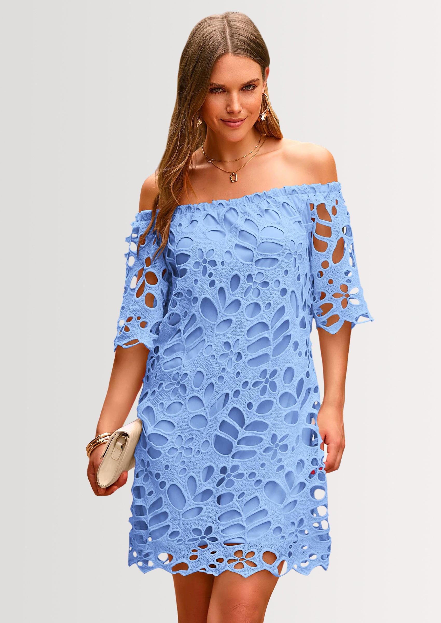 PRETTYGARDEN Women's Summer Off Shoulder Dresses Floral Lace Flare Short Sleeve Spring Vintage Elegant Mini Dress