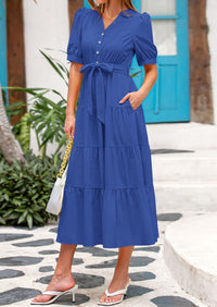 PRETTYGARDEN Women's Midi Dress Casual Short Sleeve V Neck Buttons Belted Ruffle A Line Flowy Dress with Pockets
