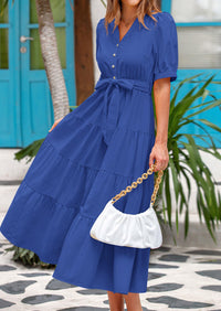 PRETTYGARDEN Women's Midi Dress Casual Short Sleeve V Neck Buttons Belted Ruffle A Line Flowy Dress with Pockets