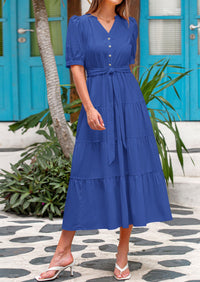 PRETTYGARDEN Women's Midi Dress Casual Short Sleeve V Neck Buttons Belted Ruffle A Line Flowy Dress with Pockets