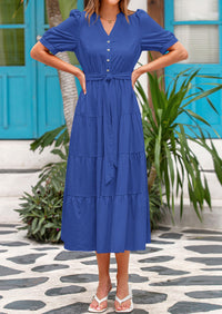 PRETTYGARDEN Women's Midi Dress Casual Short Sleeve V Neck Buttons Belted Ruffle A Line Flowy Dress with Pockets