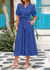 PRETTYGARDEN Women's Midi Dress Casual Short Sleeve V Neck Buttons Belted Ruffle A Line Flowy Dress with Pockets