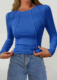 KIRUNDO Ribbed Long Sleeve Tops for Women Stretch Slim Basic Crop Tee Exposed Seams Spring Fall Fashion Trendy Tshirt