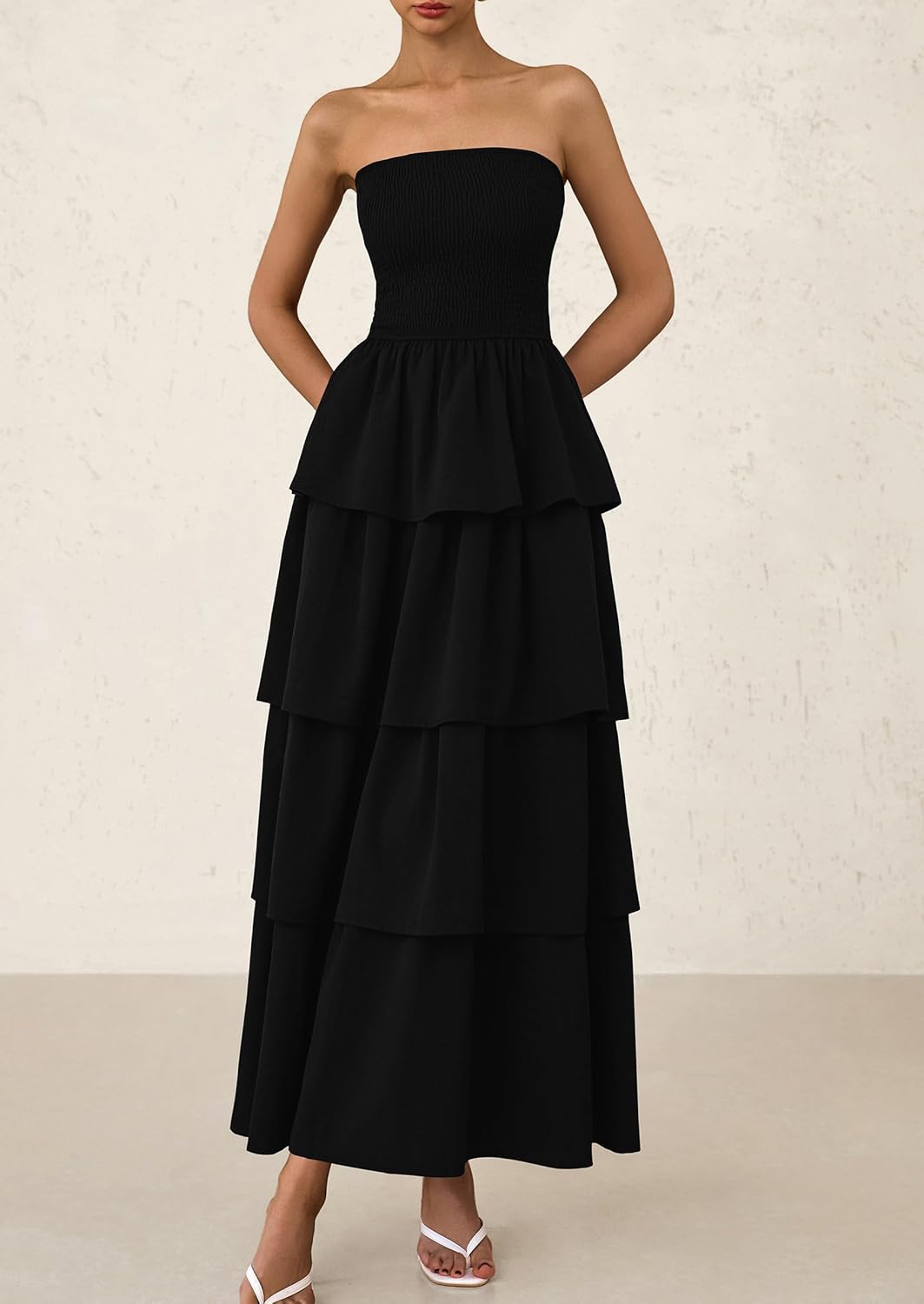 PRETTYGARDEN Maxi Dresses for Women Off Shoulder Smocked Tiered Ruffle Long Flowy Wedding Guest Dress