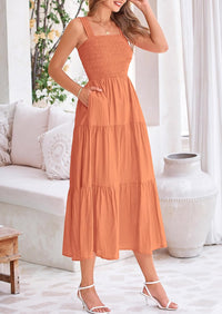 Womens Smocked Summer  Ruffle A Line Long Flowy Dresses Cute Sleeveless Beach Sundress Midi Dress