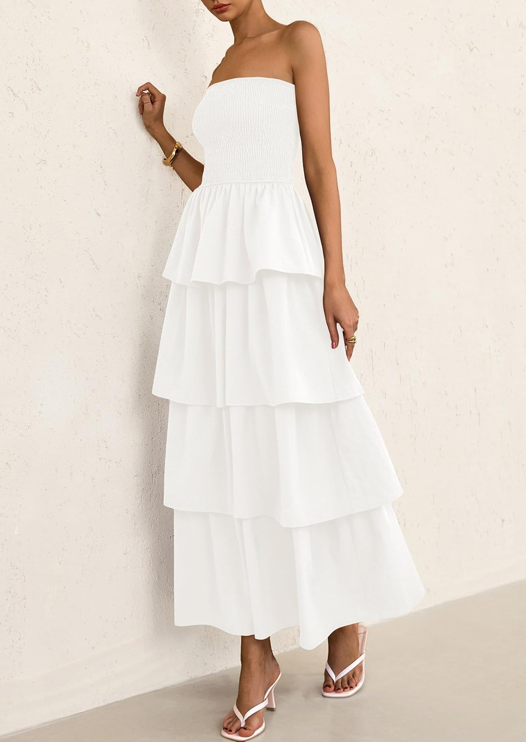 PRETTYGARDEN Maxi Dresses for Women Off Shoulder Smocked Tiered Ruffle Long Flowy Wedding Guest Dress