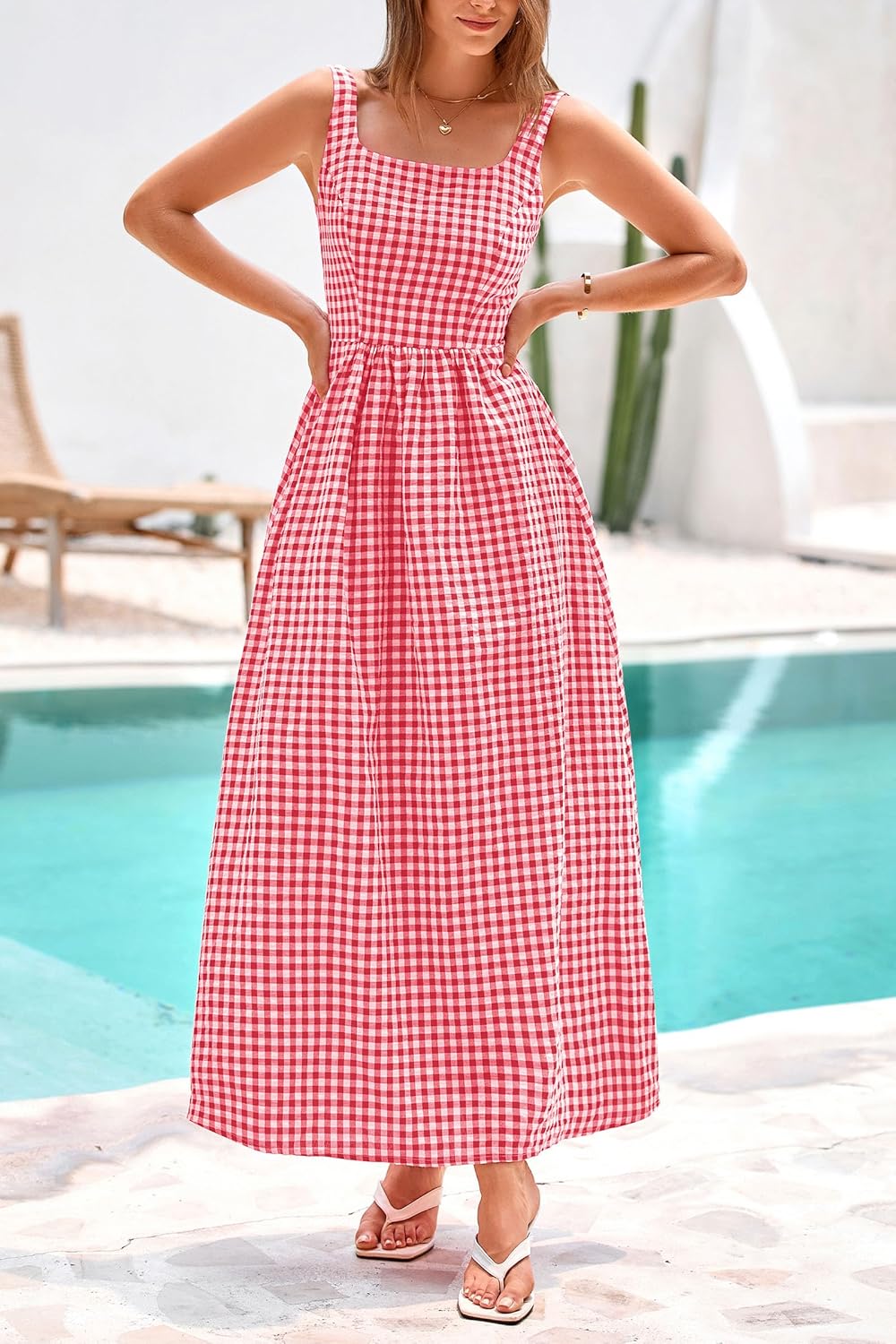 Women's Summer Spaghetti Strap Maxi Dresses Plaid Square Neck A Line Smocked Casual Vacation Long Sundress