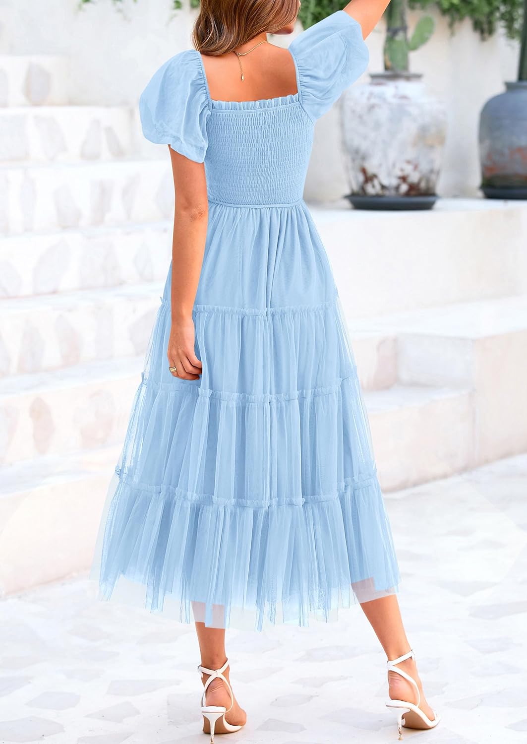 PRETTYGARDEN Women's Smocked Tulle Midi Dress Square Neck Puffy Short PRETTYGARDEN Women's Smocked Tulle Midi Dress Square Neck Puffy Short