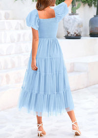 Women's Smocked Midi Tulle Dress 2025 Summer Puffy Short Sleeve Square Neck Ruffle Wedding Guest Party Dresses