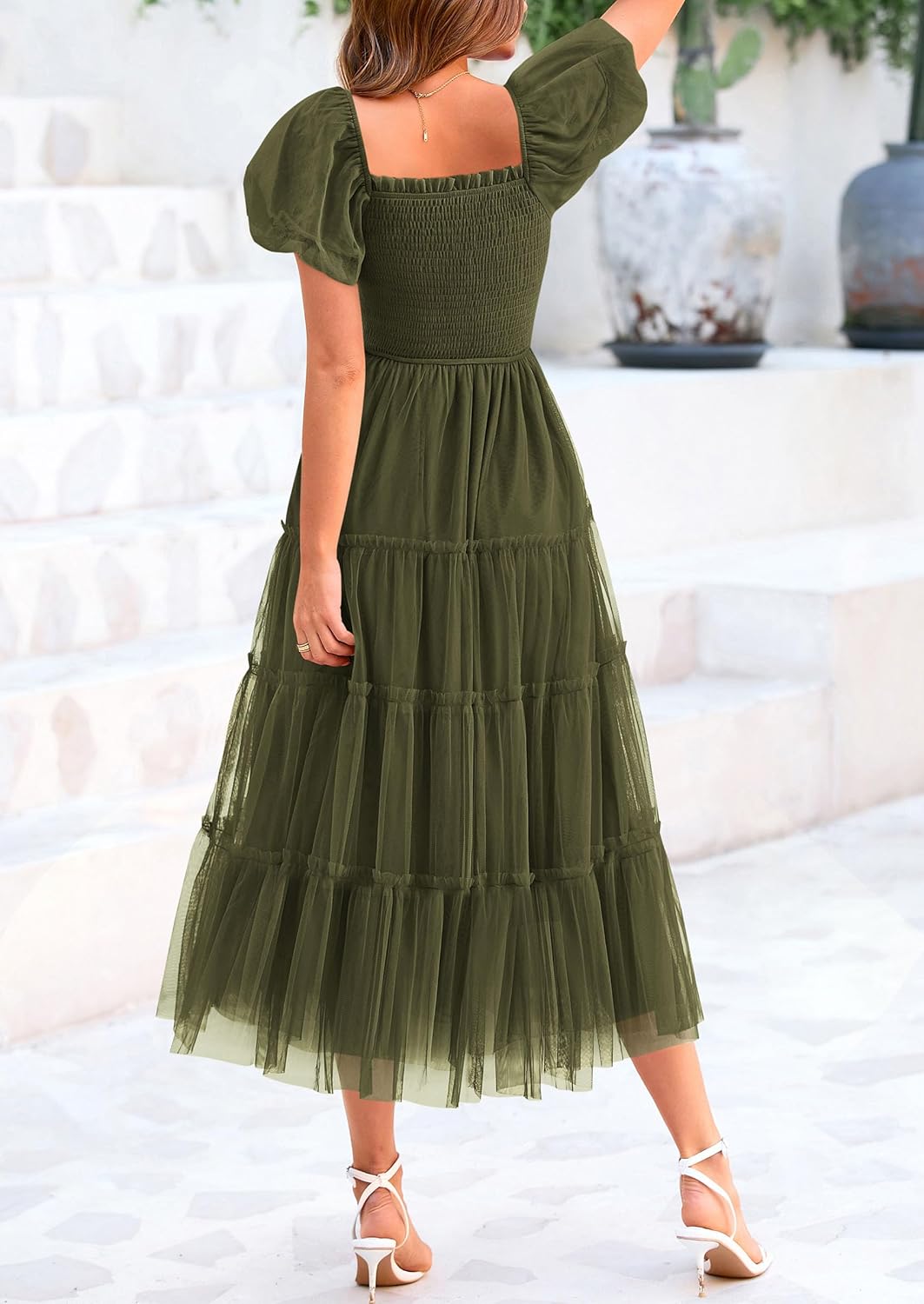 PRETTYGARDEN Women's Smocked Tulle Midi Dress Square Neck Puffy Short PRETTYGARDEN Women's Smocked Tulle Midi Dress Square Neck Puffy Short